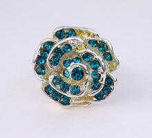 Cargar imagen en el visor de la galería, Silver Rose and Turquoise Rhinestones Ring