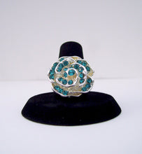 Cargar imagen en el visor de la galería, Silver Rose and Turquoise Rhinestones Ring
