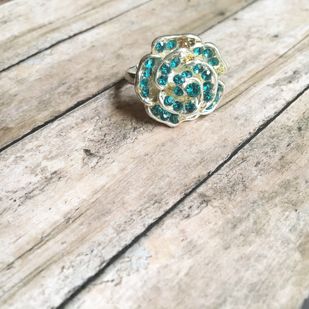 Silver Rose and Turquoise Rhinestones Ring