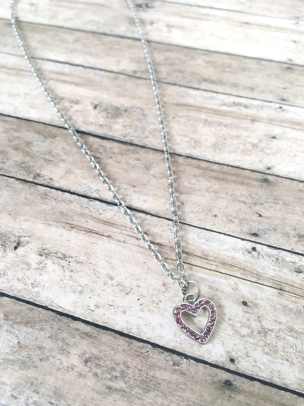 Small pink rhinestone heart necklace
