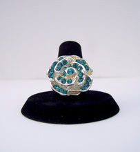 Load image into Gallery viewer, Silver Rose and Turquoise Rhinestones Ring
